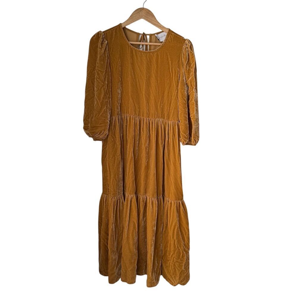 Charles Henry Dress Womens Extra Small Gold Velvet Tie-Back Midi Cottage Priaire - Picture 2 of 16
